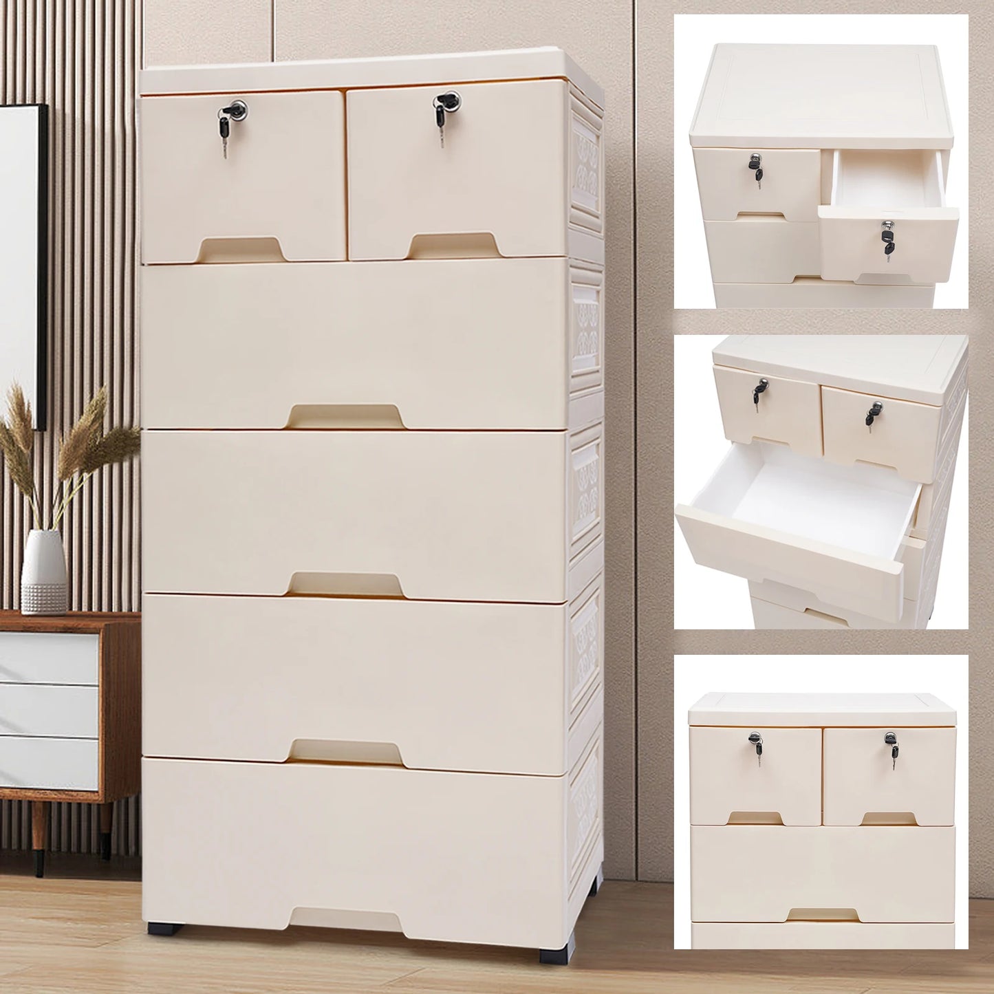 Six Drawer Storage Chest Movable Nightstand Closet Tower For Bedroom
