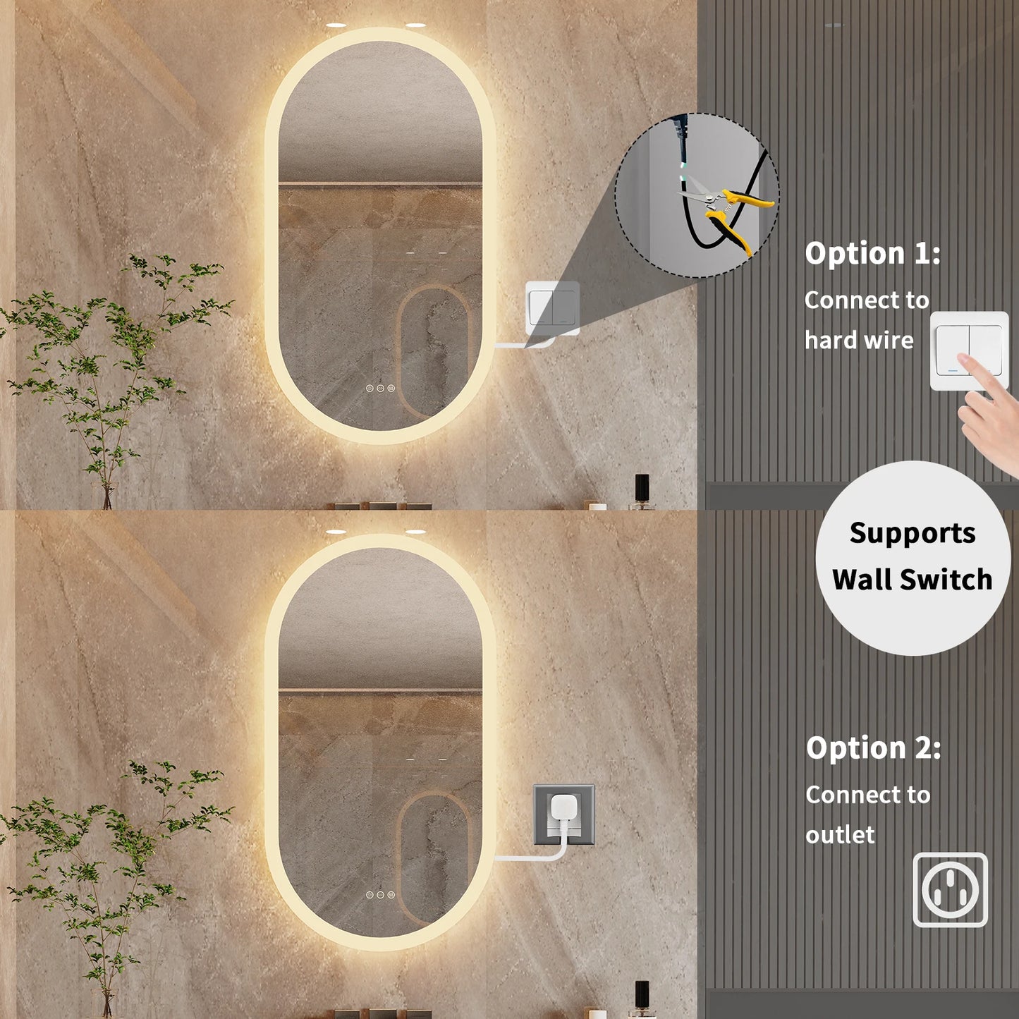 Wisfor LED Oval Backlit Bathroom Mirror Frameless Anti Fog