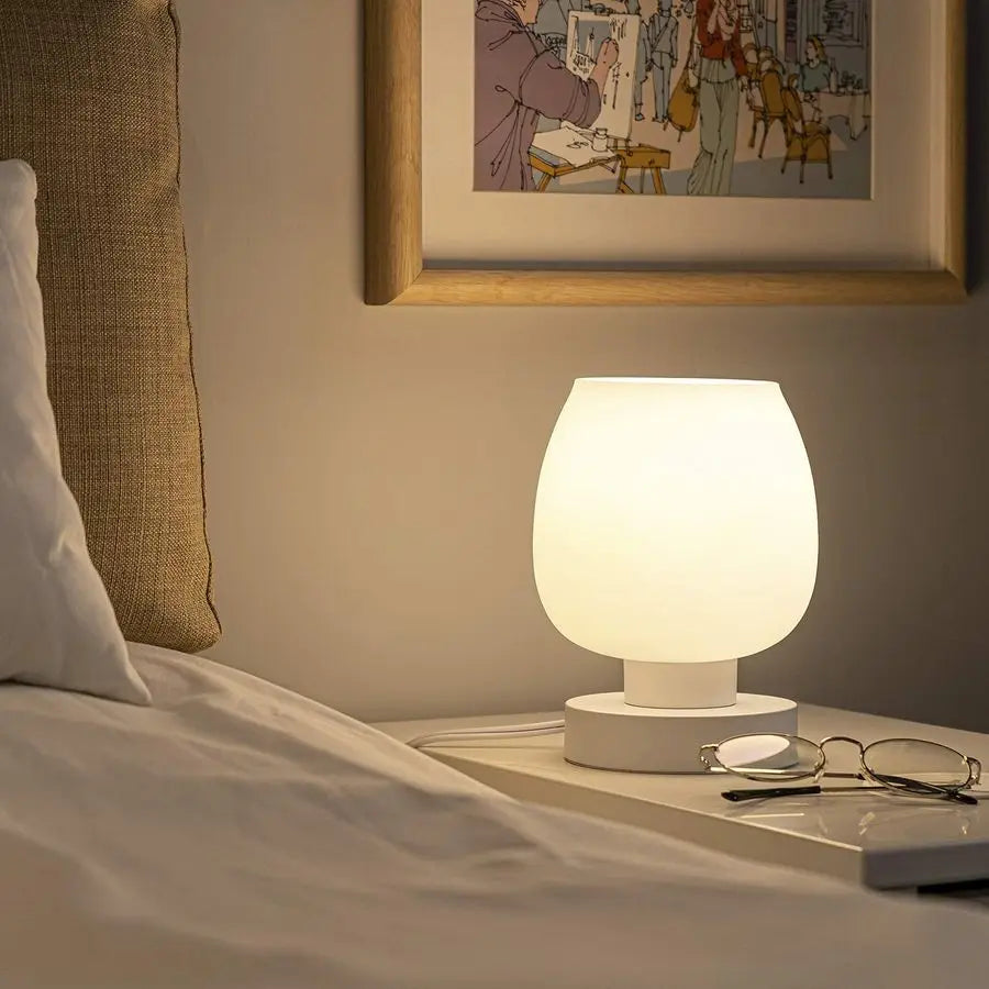 Bedside Table Lamp With Opal Glass Shade And Warm LED