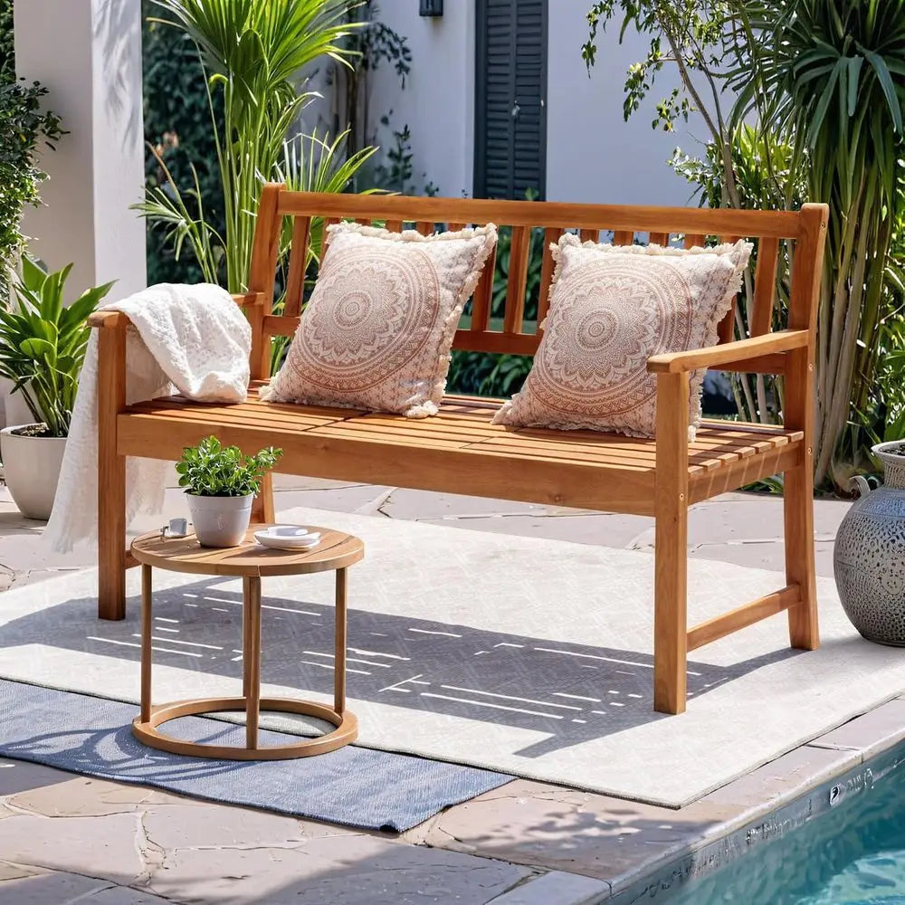 Wooden Outdoor Bench With Pull Out Table For Patio