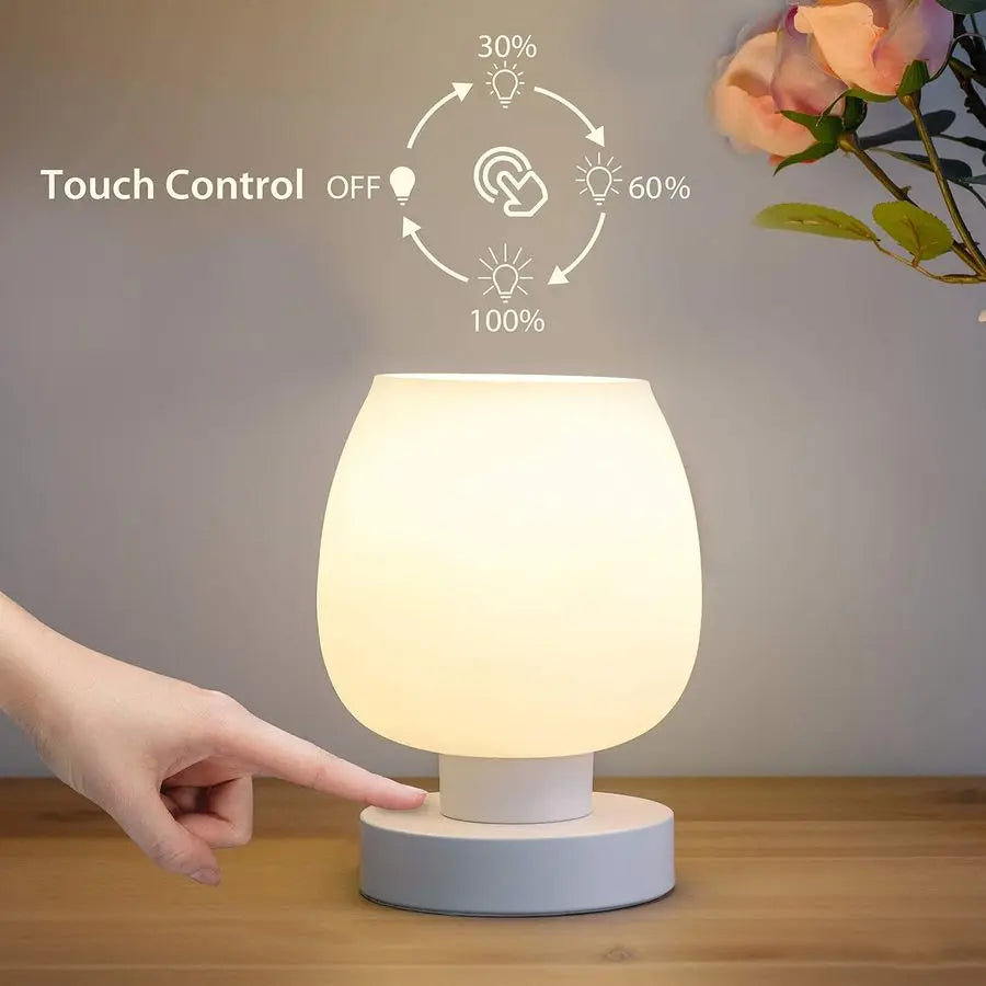 Bedside Table Lamp With Opal Glass Shade And Warm LED