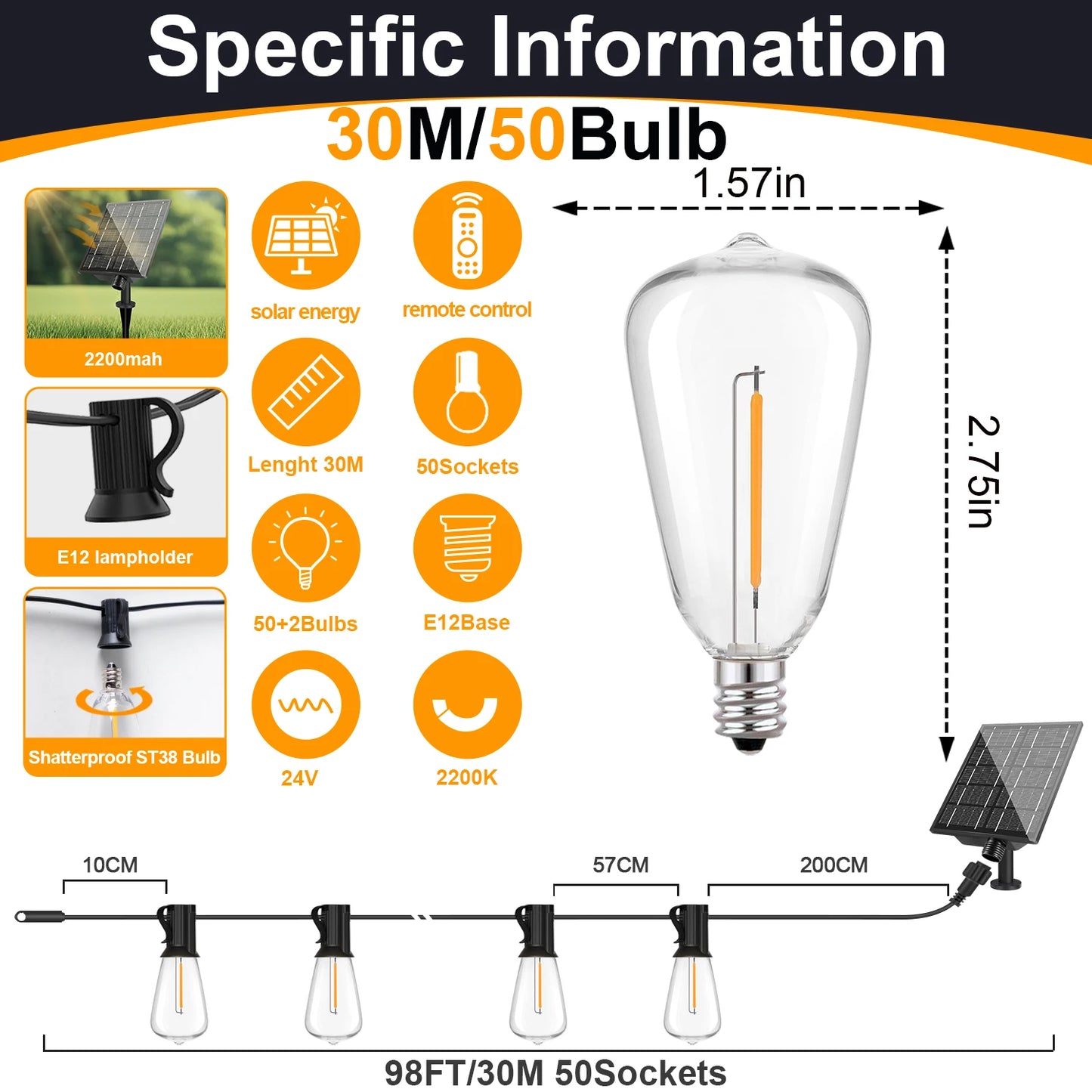 Solar Globe LED String Lights USB Rechargeable 8 Light Modes Patio Light