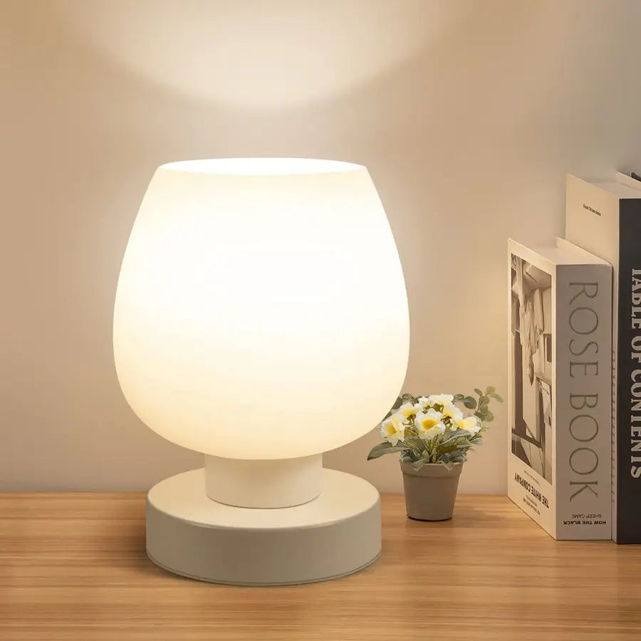 Bedside Table Lamp With Opal Glass Shade And Warm LED