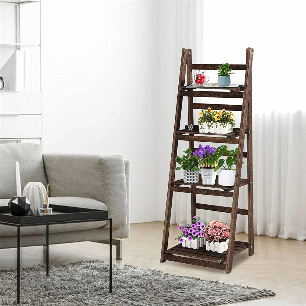 Folding Four Tier Ladder Shelf Wood Display Rack For Home