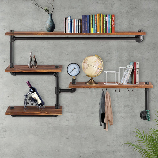 Industrial Pipe Shelves Wall Mounted Four Tier Iron Pipe Rack