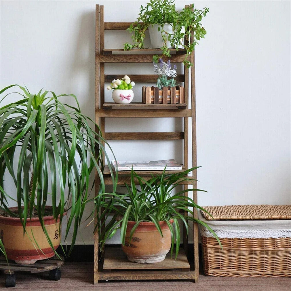 Folding Four Tier Ladder Shelf Wood Display Rack For Home