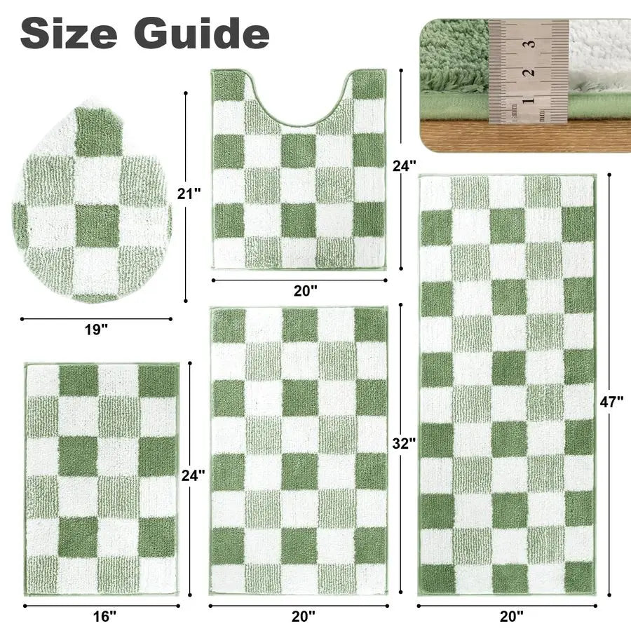 Checkered Five Piece Bathroom Rug Set Non Slip Ultra Absorbent Microfiber Mats